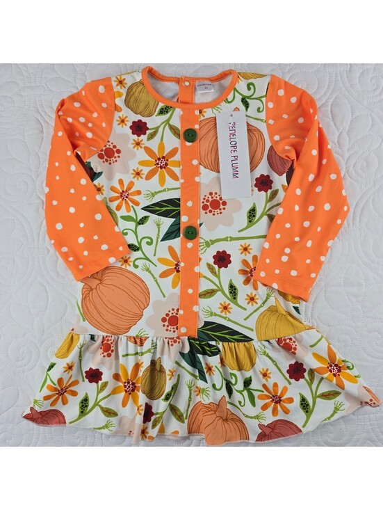 Penelope Plumm Other - Penelope Plumm Girls Pumpkin Floral Fall Dress Orange Long Sleeve NWT Size 3T